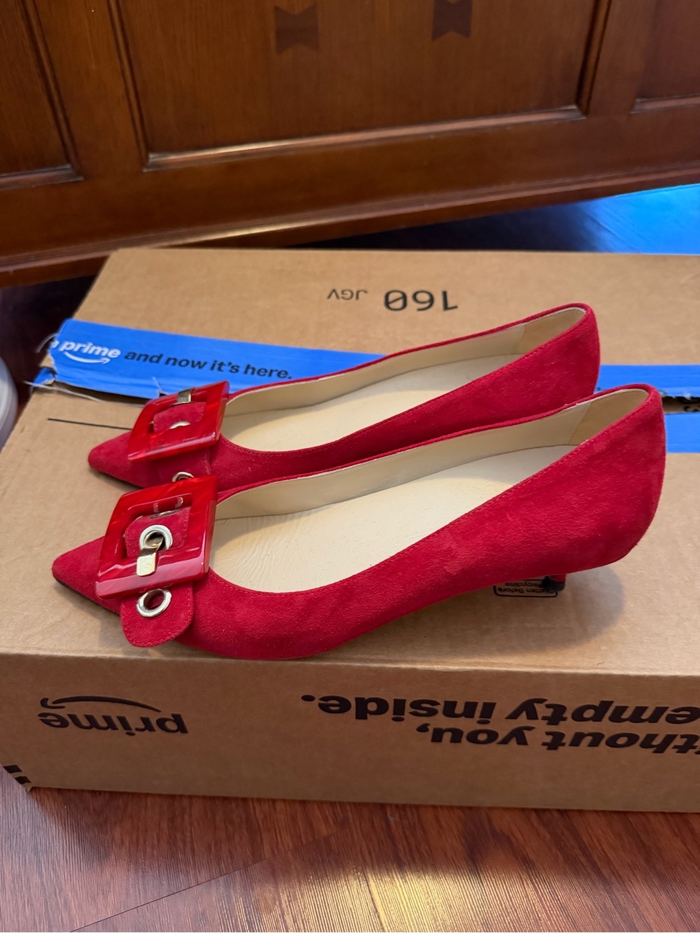 Butter Red Suede Pointed Toe Buckle Heels